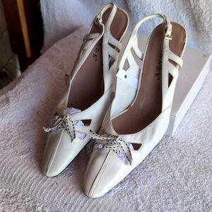 White Slingback, High Heel Shoes ,with Decorative Black & White Bow.